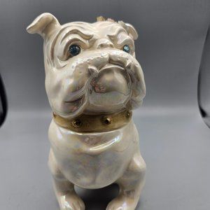 Vintage lusterware bulldog money bank  figural  kitschy cute blue orange lustrew